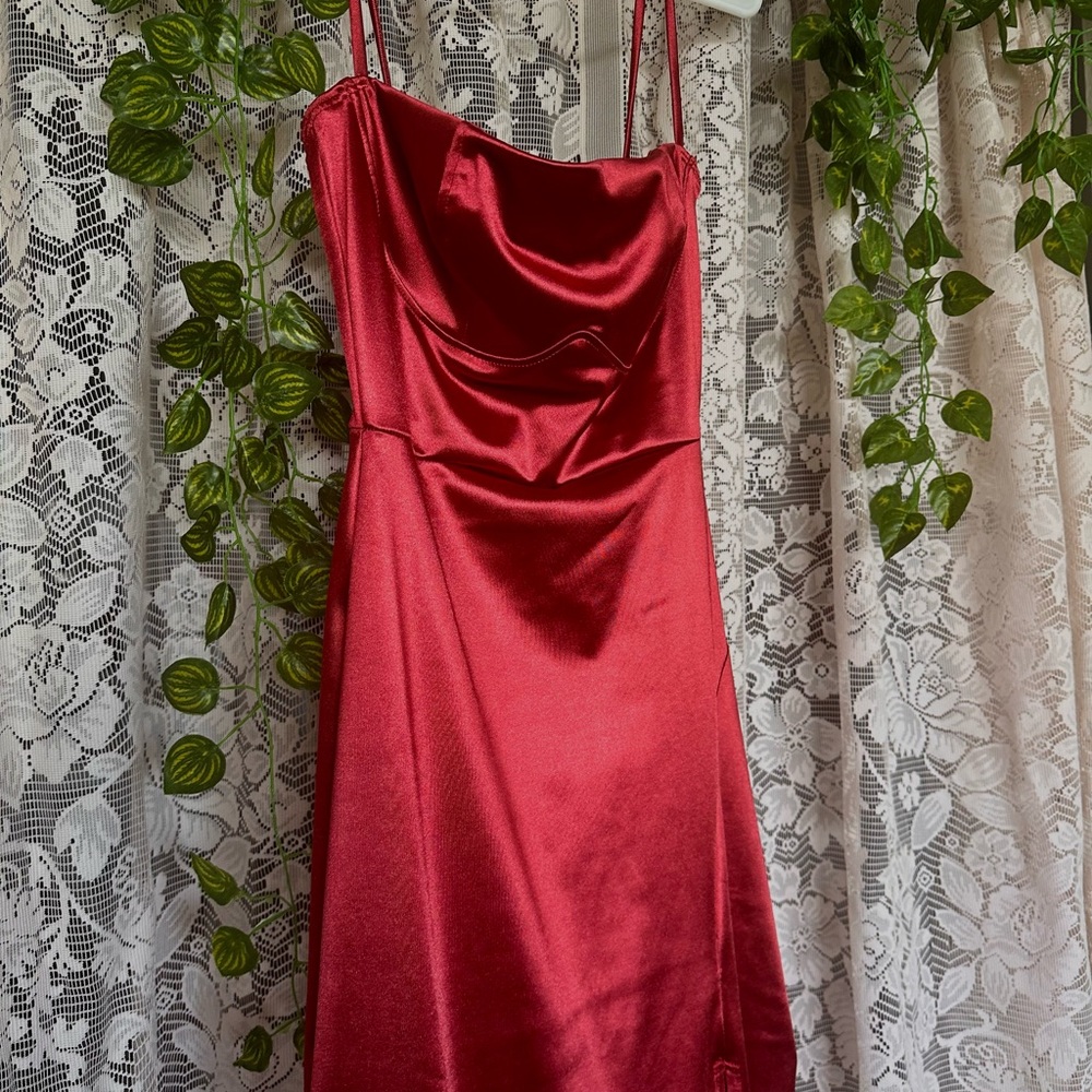 NWT Size Small Windsor Rusty Red Satin Dress - Corset Style Bodice with Slit